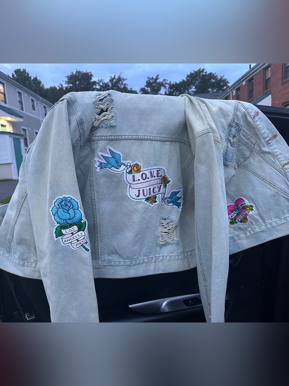 Juicy Couture Light Blue Embroidered Denim Jacket with Patchwork